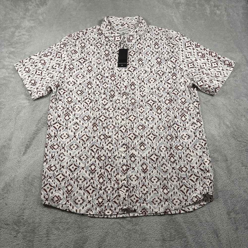 Quiksilver Button Down‎ Shirt Mens XL White Geometric Print Short Sleeve Cotton